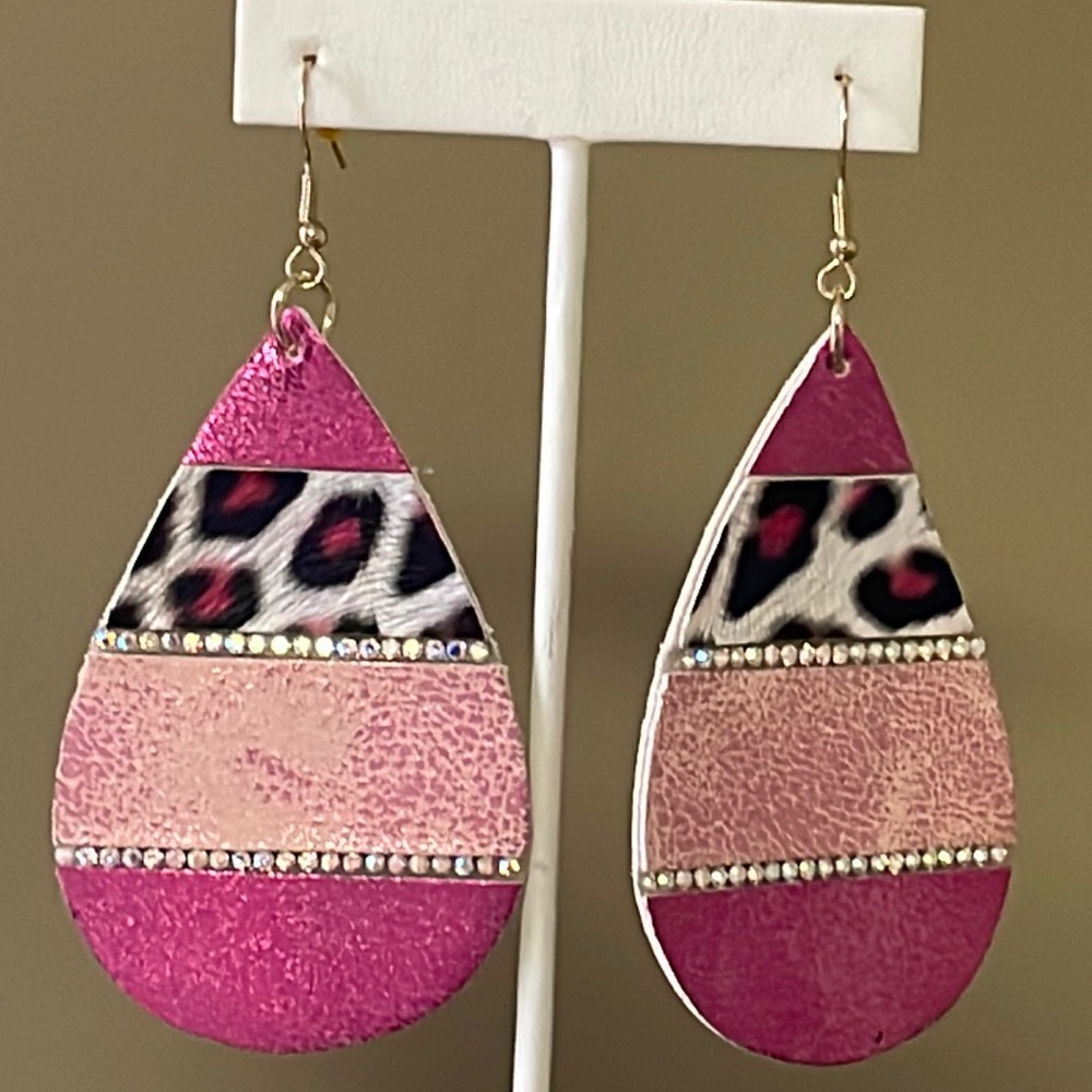 Pink Leopard Teardrop Iridescent Crystal Earrings